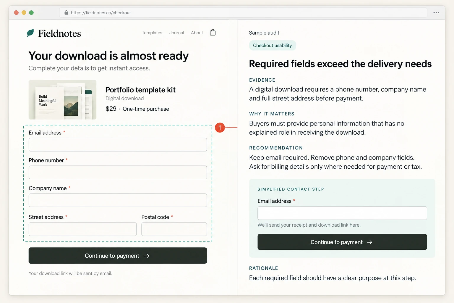 Sample checkout audit identifying unnecessary required fields and showing a simplified contact step with supporting rationale.